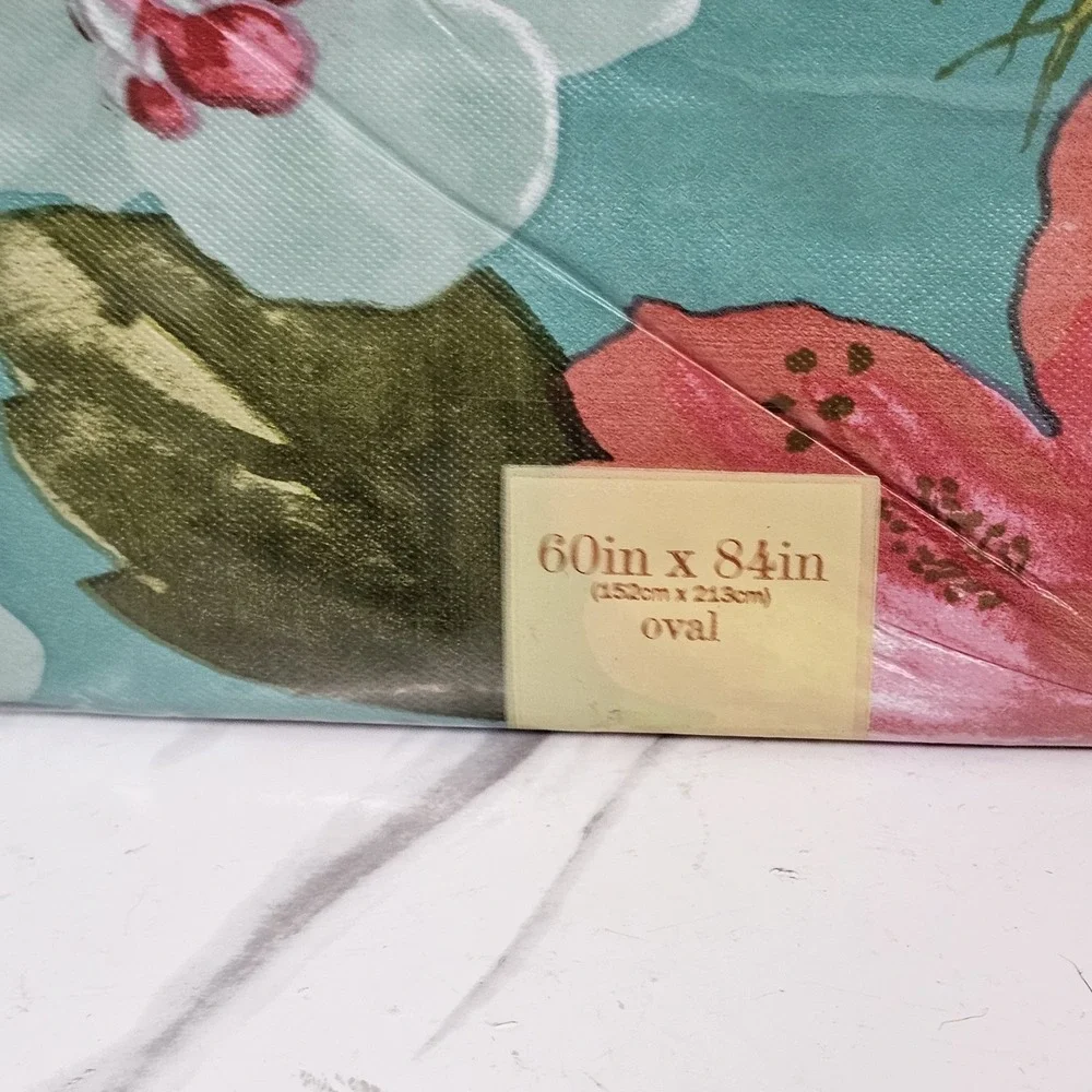 Oval Vinyl Tablecloth 60 x 84 Inch Tropical Hawaiian Floral Vinyl Flannel Backed